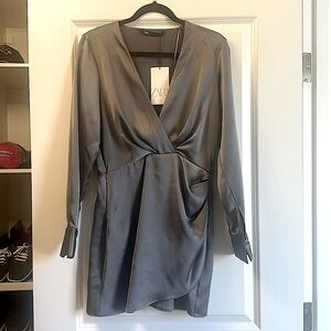 Zara gun metal gray satin dress.